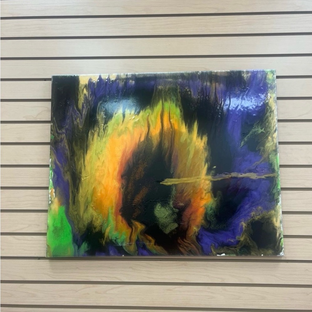 Abstract Fluid Art Canvas in Black, Purple, Green and Gold